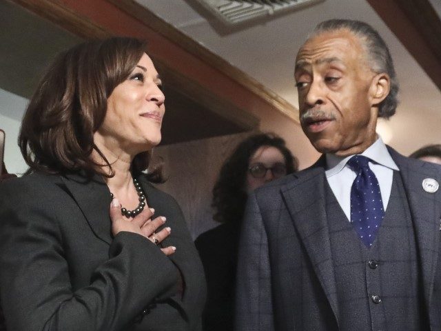 Civil rights leader Rev. Al Sharpton (C), introduces Democratic presidential candidate Sen. Kamala Harris, (D-CA) (L), to Tren'ness Woods-Black, (R), granddaughter of Sylvia Woods, founder of Sylvia's Restaurant on February 21, 2019 in the Harlem neighborhood of New York City. (Photo by Bebeto Matthews-Pool/Getty Images)