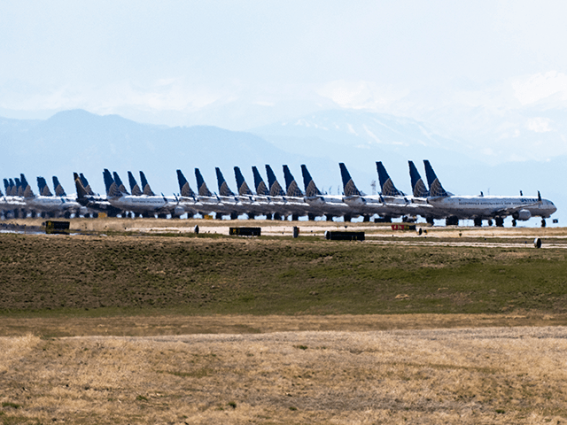United Airlines planes sit parked on a runway at Denver International Airport as the coronavirus pandemic slows air travel on April 22, 2020 in Denver, Colorado. Compared to the same time last year, Denver International Airport is operating 1,000 fewer flights daily. (Photo by Michael Ciaglo/Getty Images)