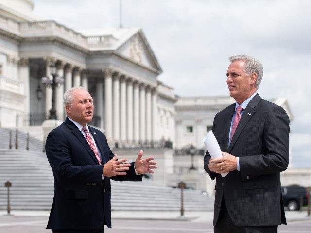 US House Minority Leader Kevin McCarthy, Republican of California, speaks with House Minority Whip Steve Scalise (L), Republican of Louisiana, as they arrive for a press conference about Republican efforts against House Democrats plans for proxy voting, on Capitol Hill in Washington, DC, May 27, 2020, during the coronavirus pandemic. …