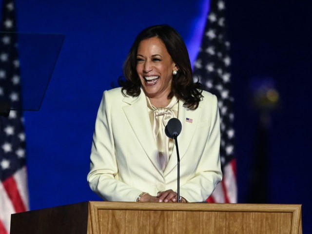 TOPSHOT - Vice President-elect Kamala Harris delivers remarks in Wilmington, Delaware, on November 7, 2020, after being declared the winner with Joe Biden of the presidential election. (Photo by Jim WATSON / AFP) (Photo by JIM WATSON/AFP via Getty Images)