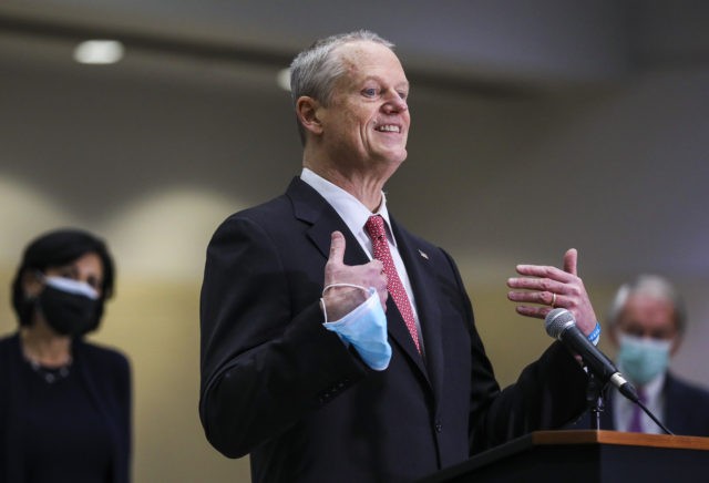 BOSTON, MASSACHUSETTS - MARCH 30: Massachusetts Governor Charlie Baker speaks to press at the Hynes Convention Center FEMA Mass Vaccination Site on March 30, 2021 in Boston, Massachusetts. CDC Director Dr. Rochelle Walensky recently said she had a sense of "impending doom" as the rate of coronavirus infection has recently …