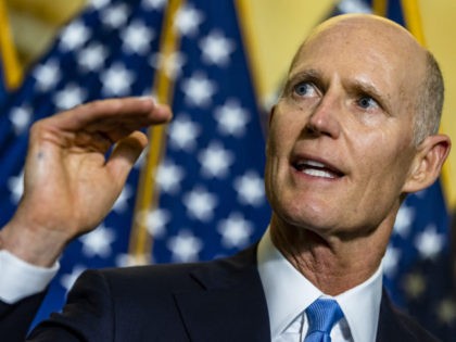 WASHINGTON, DC - JUNE 08: Senator Rick Scott (R-FL) speaks during a press conference following the Republicans policy luncheon in the Russell Senate Office Building on June 8, 2021 in Washington, DC. Senate Democrats and Republicans are continuing their negations on President Joe Bidens infrastructure plan and have yet to …