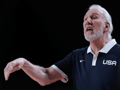 USA's team coach Gregg Popovich gestures to his players on court in the men's semi-final basketball match between Australia and USA during the Tokyo 2020 Olympic Games at the Saitama Super Arena in Saitama on August 5, 2021. (Photo by Thomas COEX / AFP) (Photo by THOMAS COEX/AFP via Getty …