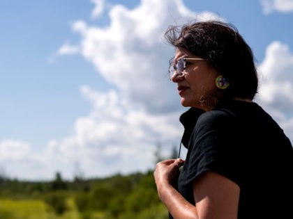 PARK RAPIDS, MN - SEPTEMBER 04: Rep. Rashida Tlaib (D-MI) looks over the headwaters of the Mississippi River where the Line 3 Pipeline is being constructed on September 4, 2021 in Park Rapids, Minnesota. Tlaib joined other House members stating her opposition to the oil pipeline which has been opposed …