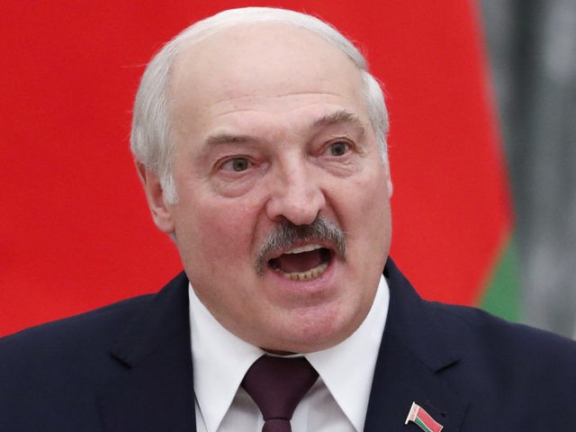 Belarusian President Alexander Lukashenko speaks during a press conference with Russian Pr