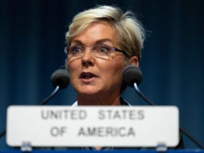 US Secretary of Energy Jennifer Granholm speaks during the International Atomic Energy Agency (IAEA) General Conference, annual meeting of all the IAEA member states, at the agency's headquarters in Vienna, Austria on September 20, 2021. (Photo by JOE KLAMAR / AFP) (Photo by JOE KLAMAR/AFP via Getty Images)