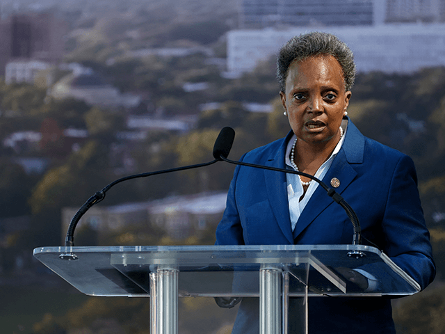 Chicago mayor Lori Lightfoot speaks during the groundbreaking ceremony for the Obama Presidential Center at Jackson Park on September 28, 2021 in Chicago, Illinois. - The 700-million-dollar project has been six years in the making and the center is scheduled to open in 2025. (Photo by Kamil Krzaczynski / AFP) …