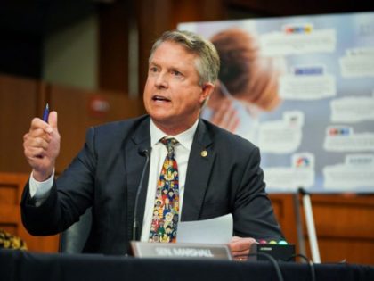 Senator Roger Marshall (R-Kan.) asks questions during a Senate Health, Education, Labor, and Pensions Committee hearing to discuss reopening schools during Covid-19 on Capitol Hill in Washington, DC, September 30, 2021. (Photo by Greg Nash / POOL / AFP) (Photo by GREG NASH/POOL/AFP via Getty Images)
