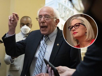 (INSET: Kyrsten Sinema) WASHINGTON, DC - SEPTEMBER 30: Sen. Bernie Sanders (I-VT) speaks to reporters outside the office of Senate Majority Leader Chuck Schumer (D-NY) at the U.S. Capitol September 30, 2021 in Washington, DC. Sen. Joe Manchin (D-WV) has stated that he will not support a social policy spending …
