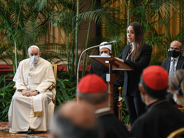 Pope Francis (L) and Egyptian Islamic scholar and the current Grand Imam of al-Azhar mosque, Sheikh Ahmed Al-Tayeb (Rear C partly hidden) listen to a participant's speech during the meeting "Faith and Science: Towards COP26" on October 4, 2021 in The Vatican, sending an appeal to participants in the 26th …