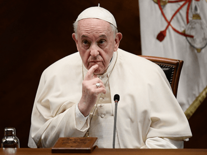 Pope Francis ponders during the inauguration of a UNESCO chair at the Pontifical Lateran University on October 7, 2021 in Rome. (Photo by Filippo MONTEFORTE / AFP) (Photo by FILIPPO MONTEFORTE/AFP via Getty Images)