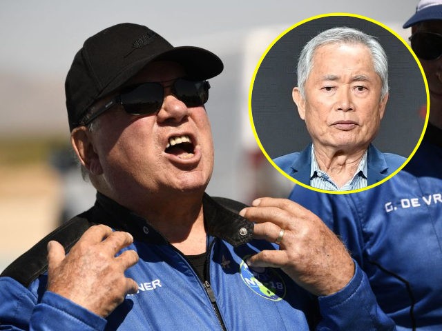 (INSET: George Takei) NS-18 crew member, "Star Trek" actor William Shatner describes G Forces as he speaks to the press at the New Shepard rocket landing pad on October 13, 2021, in the West Texas region, 25 miles (40kms) north of Van Horn. - Shatner, one of history's most recognizable …
