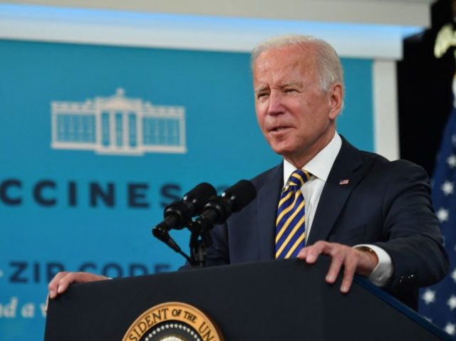 US President Joe Biden gives an update on the Covid-19 response and vaccination program, in the South Court Auditorium of the White House in Washington, DC, on October 14, 2021. (Photo by Nicholas Kamm / AFP) (Photo by NICHOLAS KAMM/AFP via Getty Images)