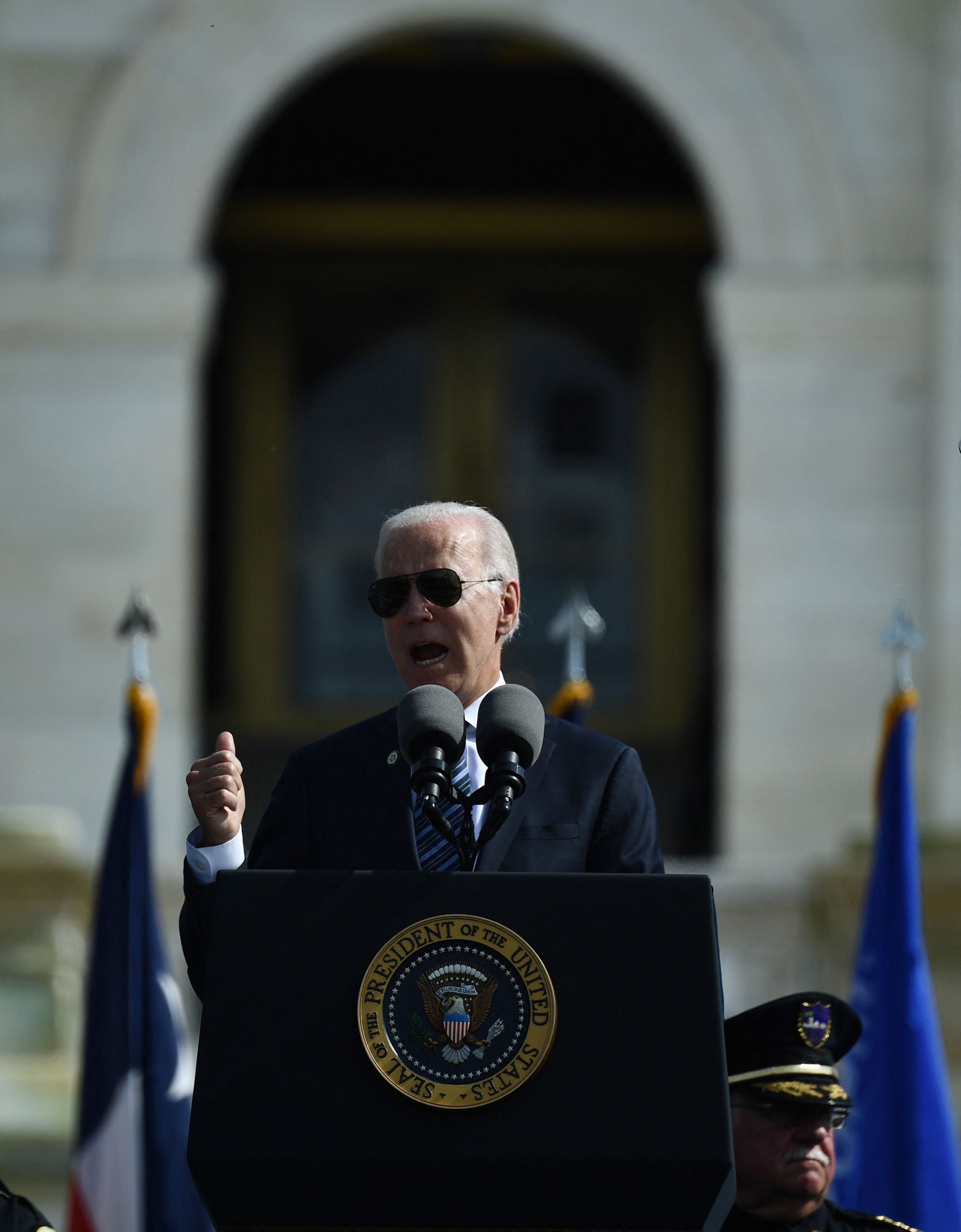 US President Joe Biden speaks during the 40th Annual National Peace Officers Memorial Service at the US Capitol in Washington, DC, on October 16, 2021. (Photo by Brendan Smialowski / AFP) (Photo by BRENDAN SMIALOWSKI/AFP via Getty Images)