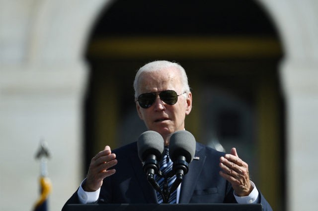US President Joe Biden speaks during the 40th Annual National Peace Officers Memorial Service at the US Capitol in Washington, DC, on October 16, 2021. (Photo by Brendan Smialowski / AFP) (Photo by BRENDAN SMIALOWSKI/AFP via Getty Images)