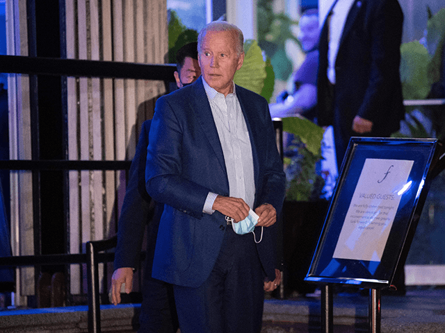 US President Joe Biden leaves Italian seafood restaurant Fiola Mare after a date with US first lady Jill Biden, October 16, 2021, in Washington, DC. (Photo by Brendan Smialowski / AFP) (Photo by BRENDAN SMIALOWSKI/AFP via Getty Images)