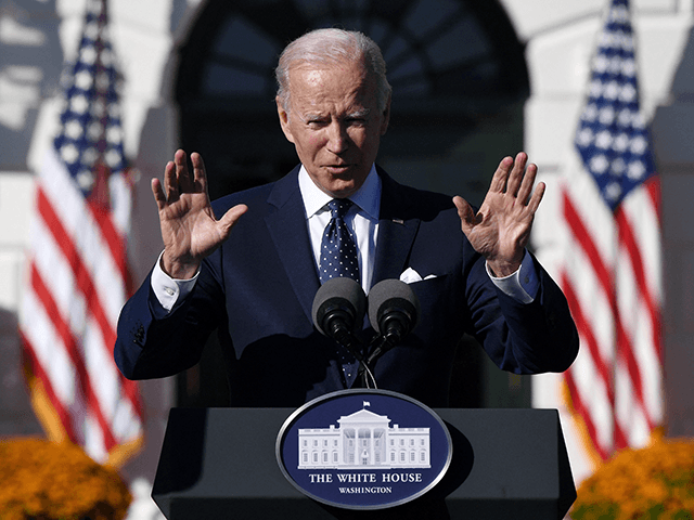 US President Joe Biden speaks during an event honoring the Council of Chief State School Officers' 2020 and 2021 State and National Teachers of the Year on the South Lawn of the White House in Washington, DC on October 18, 2021. (Photo by Olivier DOULIERY / AFP) (Photo by OLIVIER …