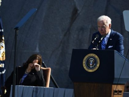 US President Joe Biden, with Vice President Kamala Harris, speaks at a ceremony marking the 10th Anniversary dedication of the Martin Luther King, Jr., Memorial, in Washington, DC, on October 21, 2021. (Photo by Brendan Smialowski / AFP) (Photo by BRENDAN SMIALOWSKI/AFP via Getty Images)