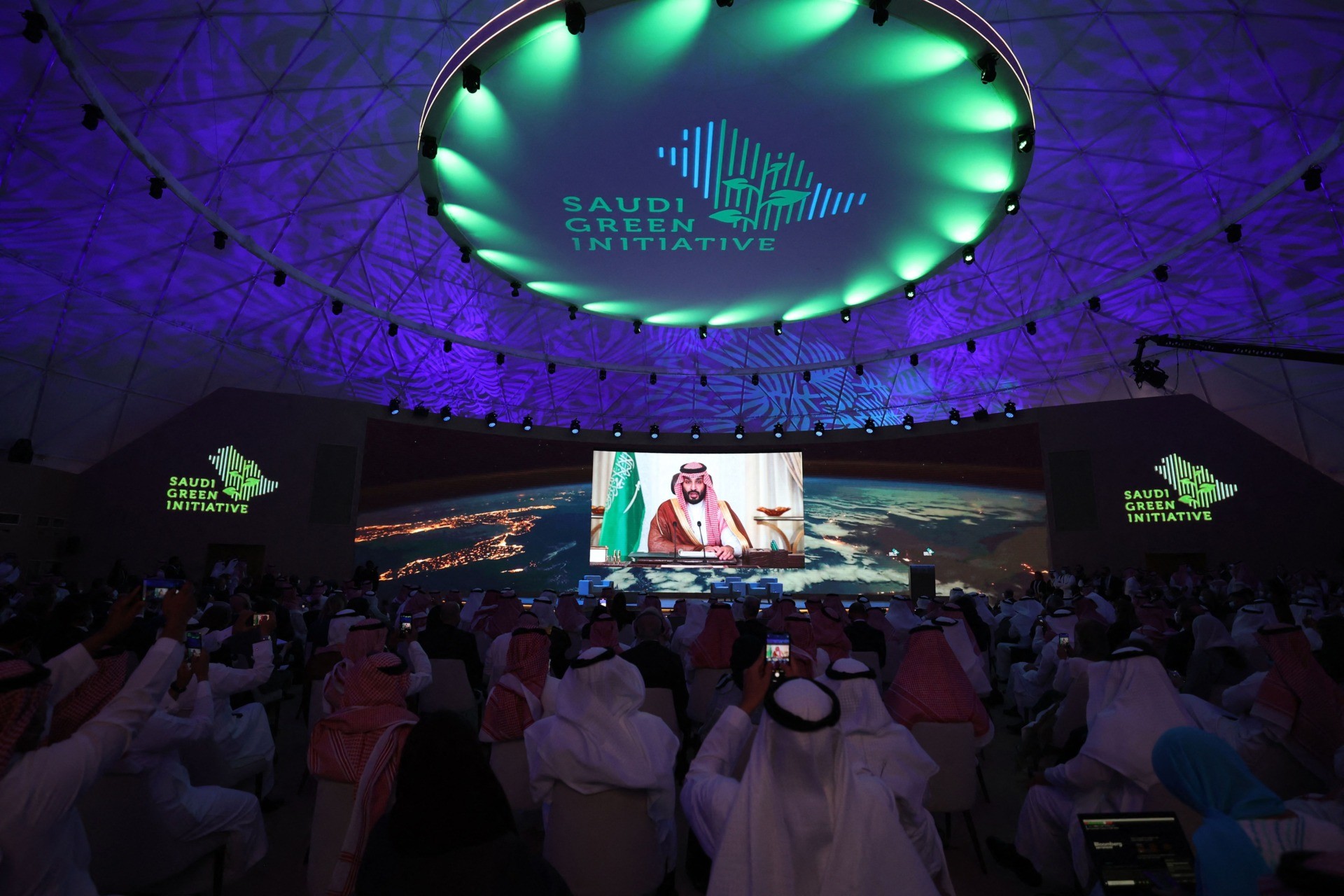 Saudi Crown Prince Mohammed bin Salman delivers a speech during the opening ceremony of the Saudi Green Initiative forum on October 23, 2021, in the Saudi capital Riyadh. (Photo by Fayez Nureldine / AFP) (Photo by FAYEZ NURELDINE/AFP via Getty Images)