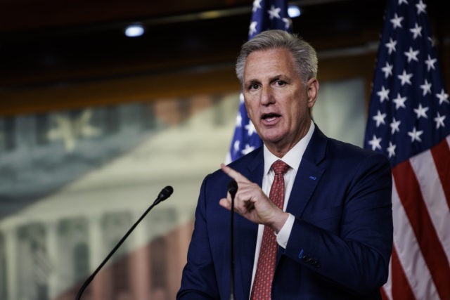 WASHINGTON, DC - OCTOBER 28: House Minority Leader Kevin McCarthy (R-CA) holds his weekly news conference in the Capitol Visitors Center at the U.S. Capitol building on October 28, 2021 in Washington, DC. McCarthy criticized Democrats continued struggles to come to an agreement on President Bidens social and infrastructure spending …