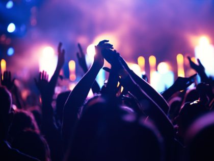 Happy cheering crowd with hands in air at music festival