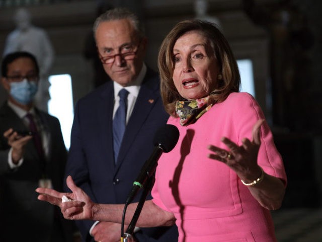 WASHINGTON, DC - AUGUST 07: U.S. Speaker of the House Rep. Nancy Pelosi (D-CA) and Senate Minority Leader Sen. Chuck Schumer (D-NY) speak to members of the press after a meeting with Treasury Secretary Steven Mnuchin and White House Chief of Staff Mark Meadows at the U.S. Capitol August 7, …
