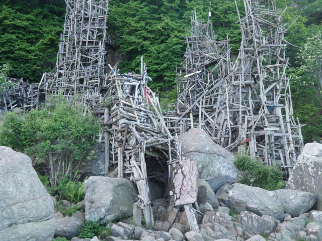Wooden artwork structures at Ladonia Micro Nation near Kullaberg, Sweden.