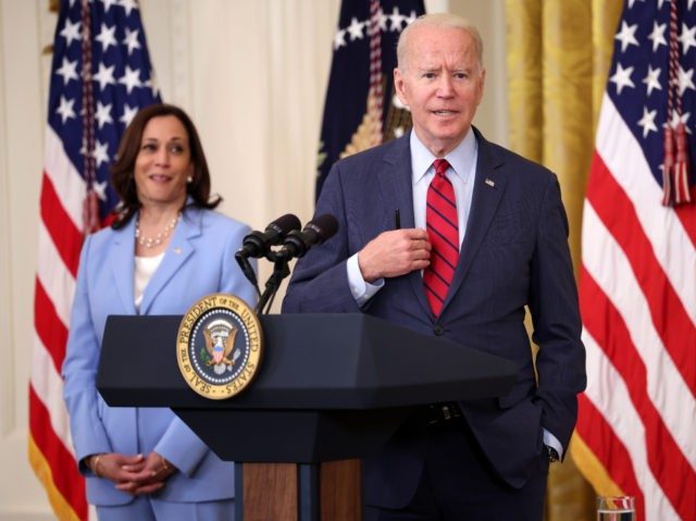 WASHINGTON, DC - JUNE 24: U.S. President Joe Biden delivers remarks alongside Vice President Kamala Harris on the Senate's bipartisan infrastructure deal at the White House on June 24, 2021 in Washington, DC. Biden said both sides made compromises on the nearly $1 trillion infrastructure bill (Photo by Kevin Dietsch/Getty …