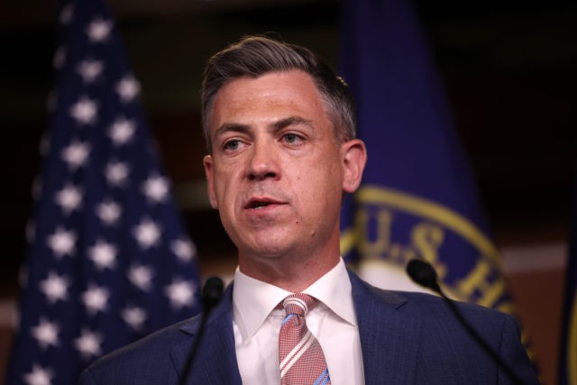 WASHINGTON, DC - JULY 21: Rep. Jim Banks (R-IN) speaks at a news conference on House Speaker Nancy Pelosi’s decision to reject two of Leader McCarthy’s selected members from serving on the committee investigating the January 6th riots on July 21, 2021 in Washington, DC. Speaker Pelosi announced she would …