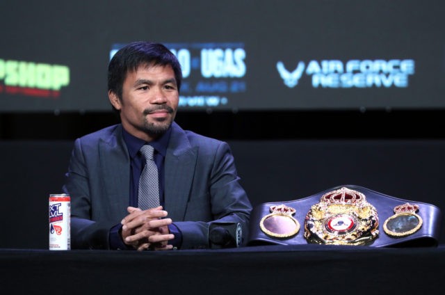 LAS VEGAS, NEVADA - AUGUST 18: Manny Pacquiao attends a news conference at MGM Grand Garden Arena on August 18, 2021 in Las Vegas, Nevada. Pacquiao will challenge WBA welterweight champion Yordenis Ugas for his title at T-Mobile Arena on August 21 in Las Vegas. (Photo by Steve Marcus/Getty Images)