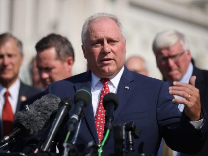 WASHINGTON, DC - AUGUST 24: House Minority Whip Steve Scalise (R-LA) speaks during a news conference with members of the Republican caucus, some of them military veterans, to criticize the Biden Administration's handling of the withdrawal from Afghanistan outside the U.S. Capitol on August 24, 2021 in Washington, DC. Republicans …