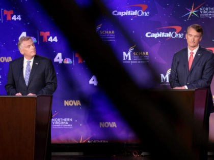 ALEXANDRIA, VIRGINIA - SEPTEMBER 28: Former Virginia Gov. Terry McAuliffe (D-VA) (L) and Republican gubernatorial candidate Glenn Youngkin debate hosted by the Northern Virginia Chamber of Commerce September 28, 2021 in Alexandria, Virginia. The 2021 Virginia gubernatorial election will be held on November 2. (Photo by Win McNamee/Getty Images)