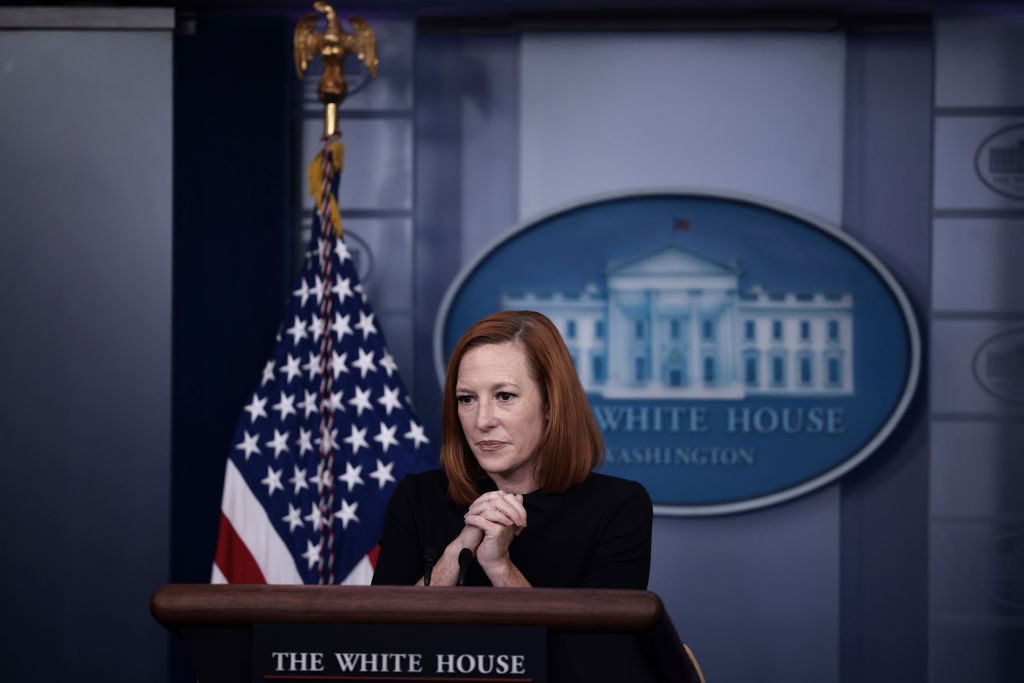 WASHINGTON, DC - SEPTEMBER 30: White House Press Secretary Jen Psaki listens to a question during a press briefing in the James Brady Press Briefing Room of the White House on September 30, 2021 in Washington, DC. Psaki took questions from reporters on numerous topics including the continued negotiations between President Joe Biden and members of Congress over legislation for his Build Back Better agenda. (Photo by Anna Moneymaker/Getty Images)