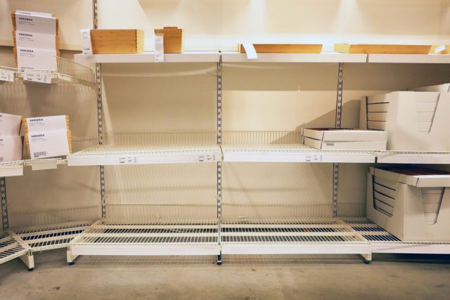 NEW YORK, NEW YORK - OCTOBER 15: Empty shelves are seen at an IKEA store on October 15, 2021in the Red Hook neighborhood of Brooklyn borough in New York City. Executives at IKEA have warned of supply chain disruption that could last into next year leaving some stores without certain …
