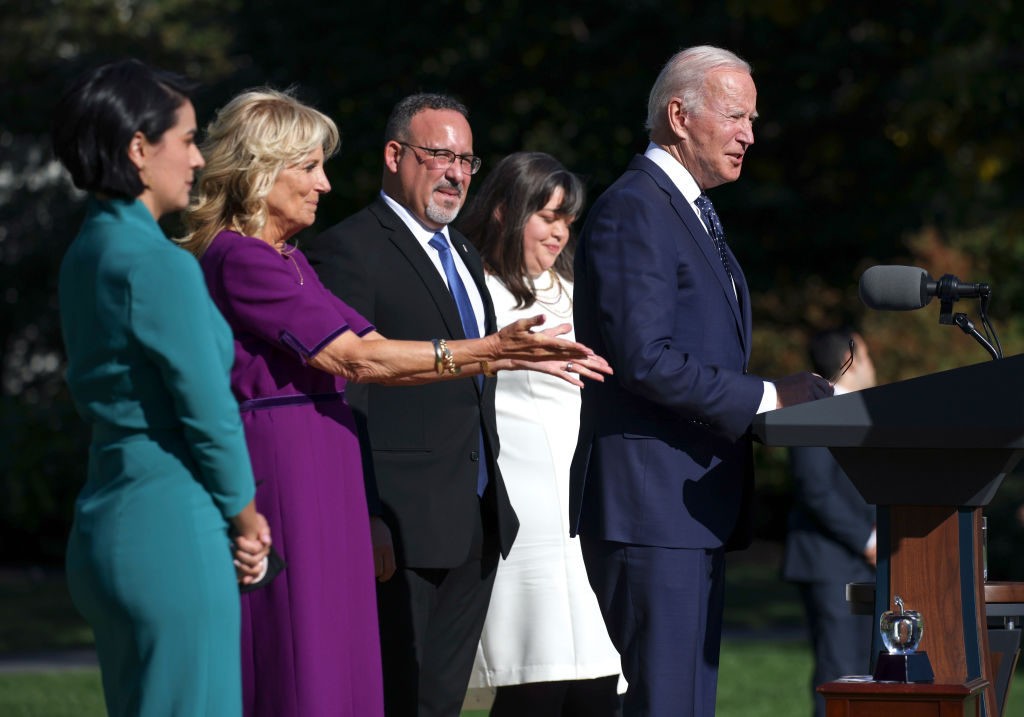 President Joe Biden delivers remarks at the 2021 and 2020 State and National Teachers of the Year awards ceremony at the White House on October 18, 2021 in Washington, DC. (Kevin Dietsch/Getty)