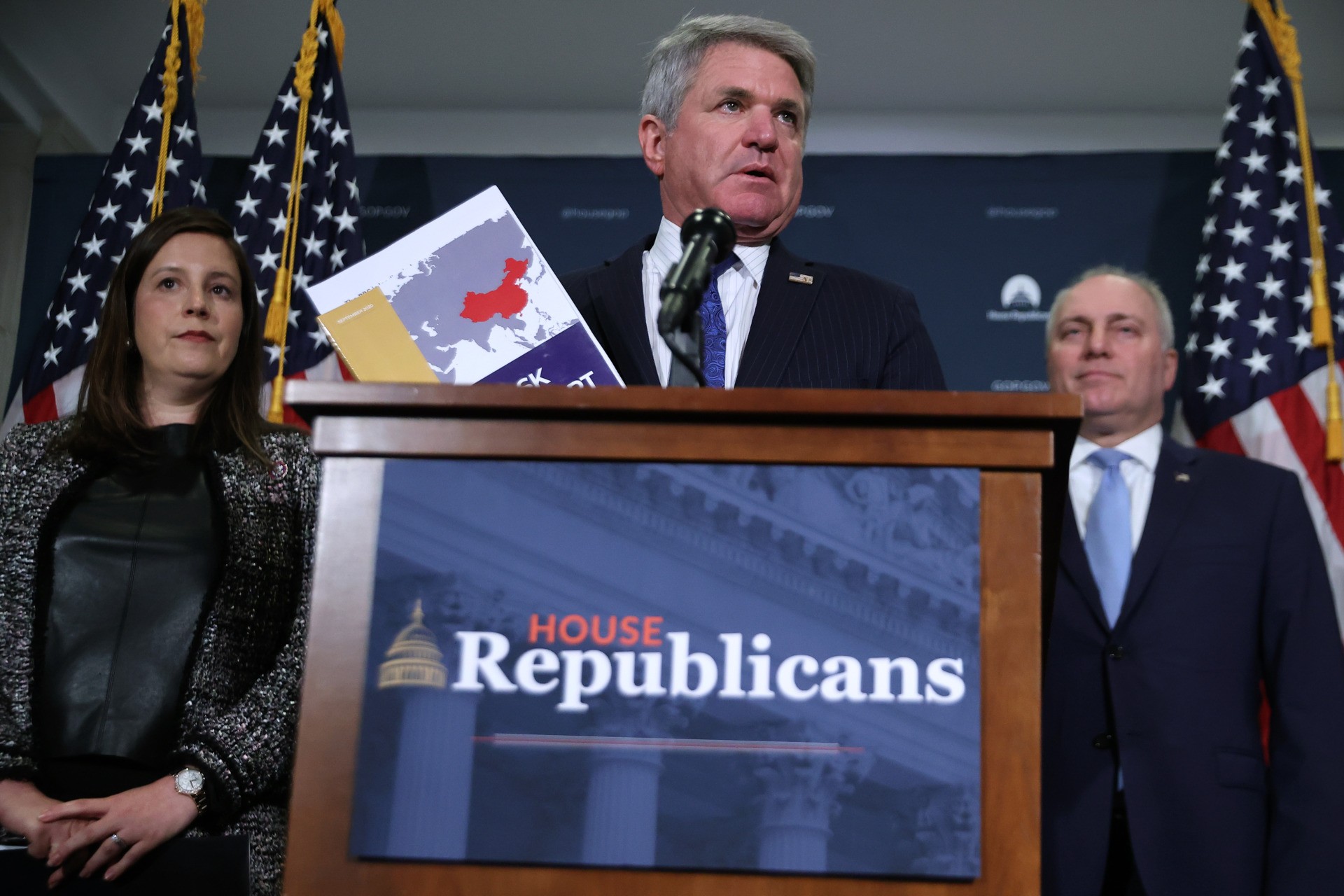 WASHINGTON, DC - OCTOBER 20: Rep. Mike McCaul (R-TX) talks about China during a news conference with House Republican Conference Chair Rep. Elise Stefanik (R-NY) (L) and House Minority Whip Steve Scalise (R-LA) following a House Republican caucus meeting at the U.S. Capitol Visitors Center on October 20, 2021 in Washington, DC. The GOP members of Congress were critical of the entire Democratic slate of legislation and accused them of being unwilling to compromise. (Photo by Chip Somodevilla/Getty Images)