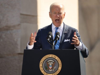 WASHINGTON, DC - OCTOBER 21: U.S. President Joe Biden delivers remarks during the 10th anniversary celebration of the Martin Luther King, Jr. Memorial near the Tidal Basin on the National Mall on October 21, 2021 in Washington, DC. Biden attended the memorial's dedication ceremony in 2011 with then President Barack …