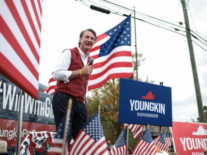 AMHERST, VIRGINIA - OCTOBER 28: Virginia Republican gubernatorial candidate Glenn Youngkin delivers remarks at a campaign event in the parking lot of Vito's Pizza Bar & Grill on October 28, 2021 in Amherst, Virginia. Youngkin is on a campaign bus tour across the state of Virginia as he contests Democratic …