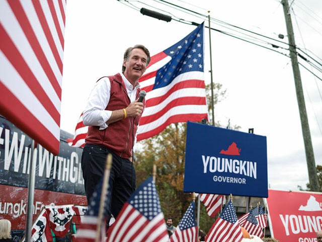 AMHERST, VIRGINIA - OCTOBER 28: The Republican gubernatorial candidate in Virginia, Glenn Youngkin, makes remarks at a campaign event in the parking lot of Vito's Pizza Bar & Grill on October 28, 2021 in Amherst, Virginia.  Youngkin is on a campaign bus ride across the state of Virginia as he contests Democratic candidate and former Virginia Gov. Terry McAuliffe in the state election, which is less than a week away on November 2nd.  (Photo by Anna Moneymaker / Getty Images)