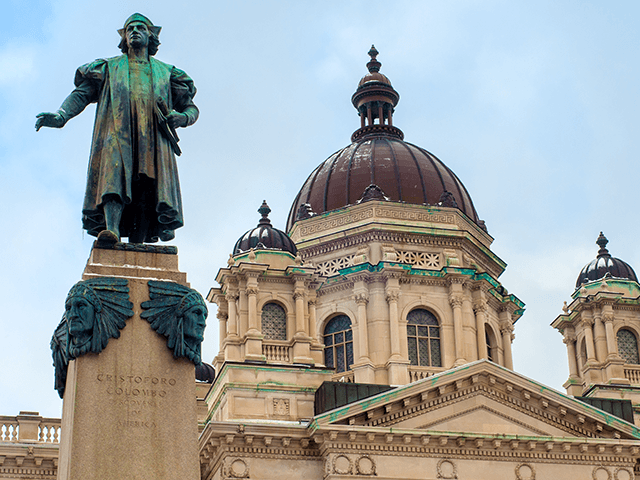A statue of Christoper Columbus stands before the Onanadaga County Courthouse in Syracuse NY