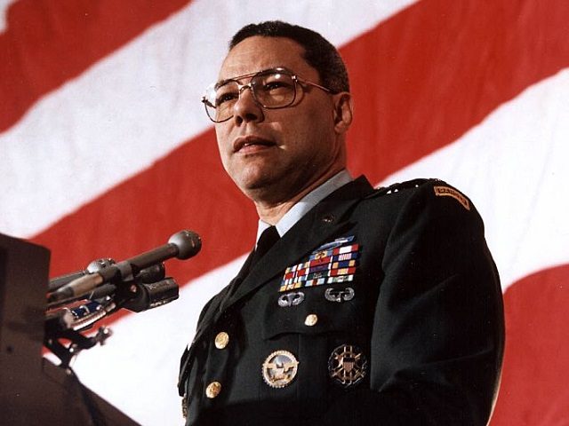 US Chairman of the Joint Chief of Staff General Colin Powell addresses the Veterans of Foreign Wars 04 March 1991, Washington,DC. In his speech, Powell said the United States will demand that Iraq account immediately and fully for all US soldiers missing in action or held prisoner. AFP PHOTO/Jerome DELAY …