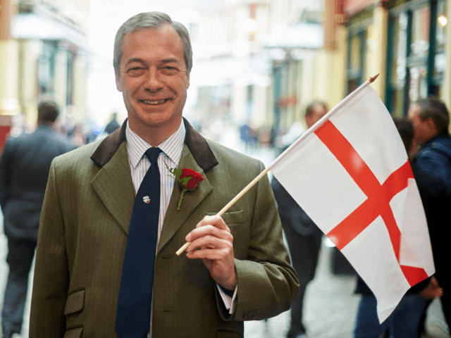 UK Independence Party (UKIP) leader Nigel Farage attends a St George's Day celebration in Leadenhall Market in London on April 22, 2016 holding a Saint George's Cross flag, the flag of England. - Saint George's Day is the feast day of Saint George, the patron saint of England, in Christian …