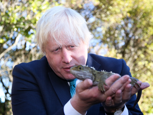 WELLINGTON, NEW ZEALAND - JULY 25: UK Foreign Secretary Boris Johnson holds a tuatara duri