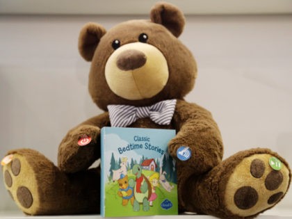 In this Monday, Feb. 15, 2016, photo, Storytime Huxley, from cloud-b, is shown at Toy Fair in New York. The bow-tie attired bear plays five different classic bedtime stories - Tortoise and the Hare, Ugly Duckling, Beauty and the Beast, Goldilocks and the Three Bears, and Three Billy Goats Gruff. …