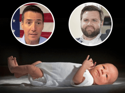 Main: In this file photograph taken in March 12, 2007, a two-week-old boy eyes his new world. (Christopher Furlong/Getty Images) Insert (L): Bernie Moreno/YouTube Insert (R): Breitbart News