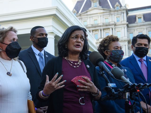 Democrat Representative from Washington Pramila Jayapal speaks to the press with other lawmakers after meeting with President Joe Biden at the White House in Washington, DC, on October 19, 2021. (Nicholas Kamm/AFP via Getty Images)