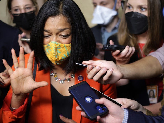 Rep. Pramila Jayapal (D-WA) speaks to members of the press outside a House Democratic caucus meeting at the U.S. Capitol on October 1, 2021 in Washington, DC. (Alex Wong/Getty Images)