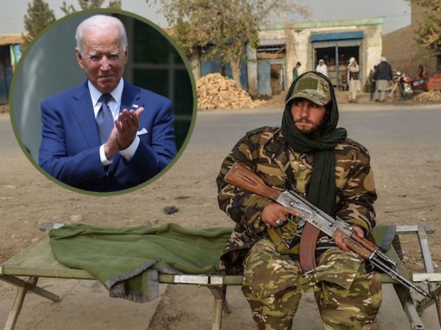 A Taliban fighter sits along a road in Kunduz on October 10, 2021. (Hoshang Hashimi/AFP via Getty Images) Insert: U.S. President Joe Biden applauds during an event in the Rose Garden of the White House on July 26, 2021 in Washington, DC. The event was to mark the 31st anniversary …