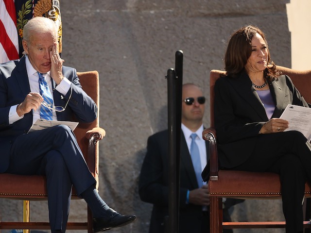 President Joe Biden (L) and Vice President Kamala Harris attend the 10th anniversary celebration of the Martin Luther King, Jr. Memorial near the Tidal Basin on the National Mall on October 21, 2021 in Washington, DC. (Chip Somodevilla/Getty Images)