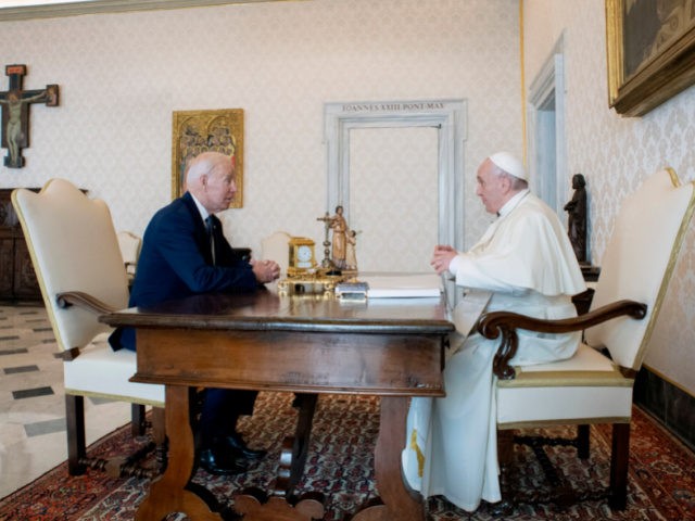 US President Joe Biden, left, talks with Pope Francis as they meet at the Vatican, Friday, Oct. 29, 2021. President Joe Biden is set to meet with Pope Francis on Friday at the Vatican, where the worldâ€™s two most notable Roman Catholics plan to discuss the COVID-19 pandemic, climate change …